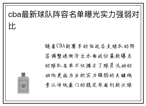 cba最新球队阵容名单曝光实力强弱对比